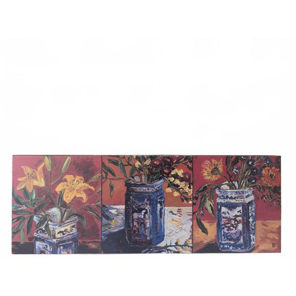 Triptych Still Life Painting With Flowers in Blue Vases, Signed BB 04