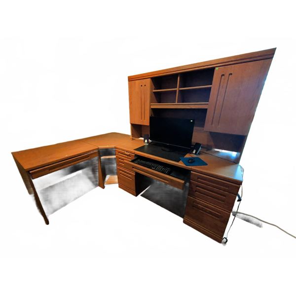 Asus Computer Monitor, Keyboard, Mouse, Speakers, and L-Shaped Oak Desk Set