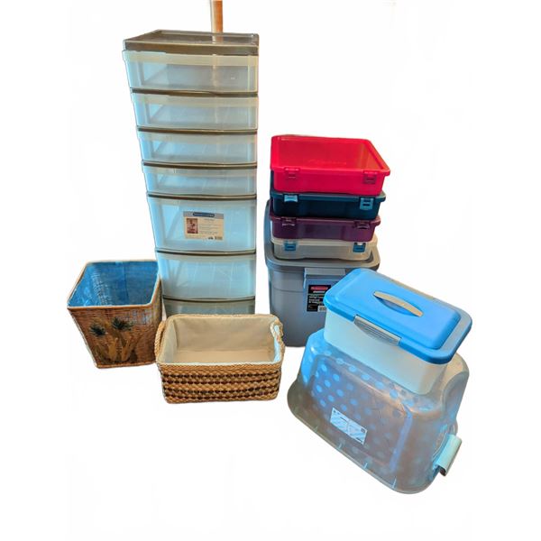 Plastic Storage Bins and Drawers with Assorted Wicker Baskets and Totes