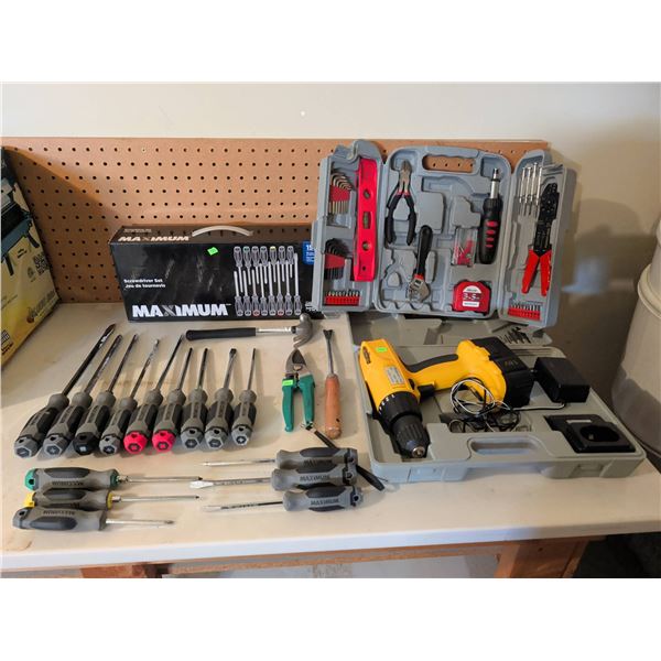Maximum Screwdriver Set, Hand Tool Kit, Cordless Drill with Charger and Accessories
