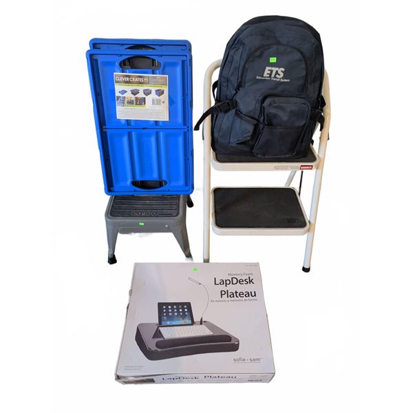 Cosco Step Stool, Folding Clever Crate, Edmonton Transit Backpack, LapDesk Plateau