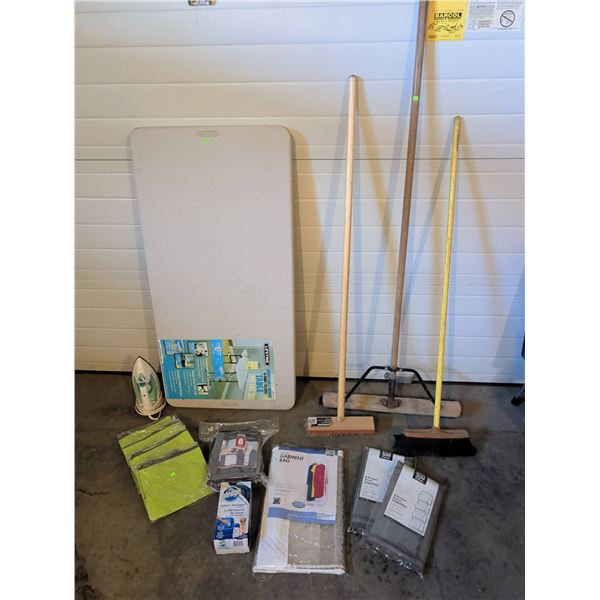 Household Lot With Folding Table, Brooms, Iron, Garment Bag and Storage Organizers