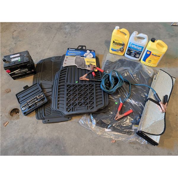 Automotive Accessory Lot with Battery, Floor Mats, Jump Leads, Coolant, Tool Set