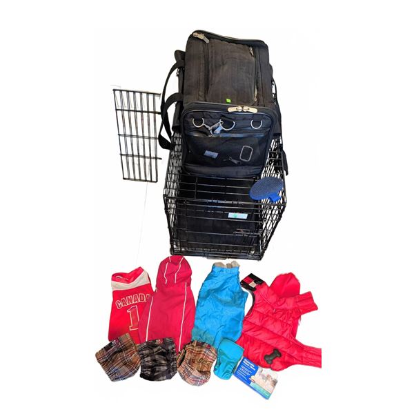 Wire Dog Crate, Soft Carrier, Clothing and Accessories Assortment