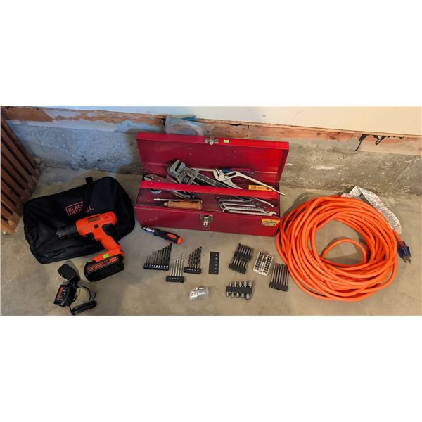 Black+Decker 20V Drill, Toolbox With Hand Tools, Bits, and Heavy Duty Extension Cord