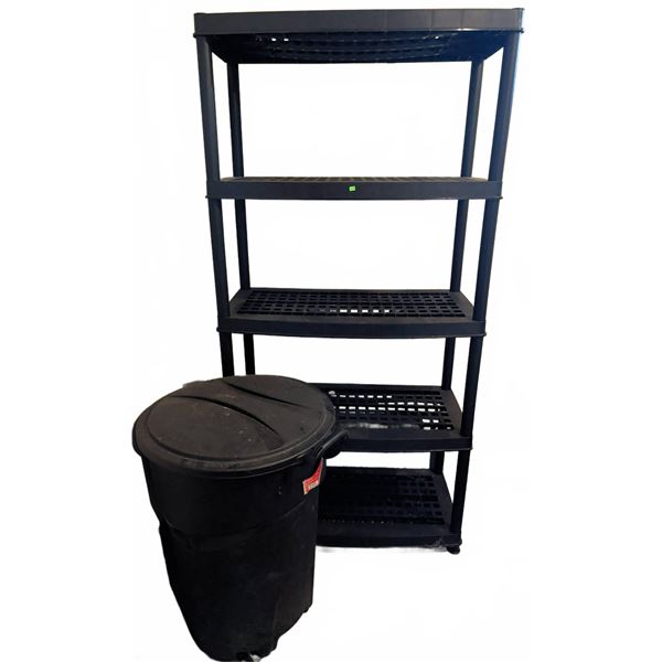 Rubbermaid Roughneck 32 Gallon Wheeled Trash Bin and Black Plastic Shelving Unit