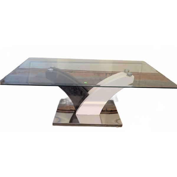 Glass Coffee Table with Black and White Curved Base and Rectangular Metal Platform