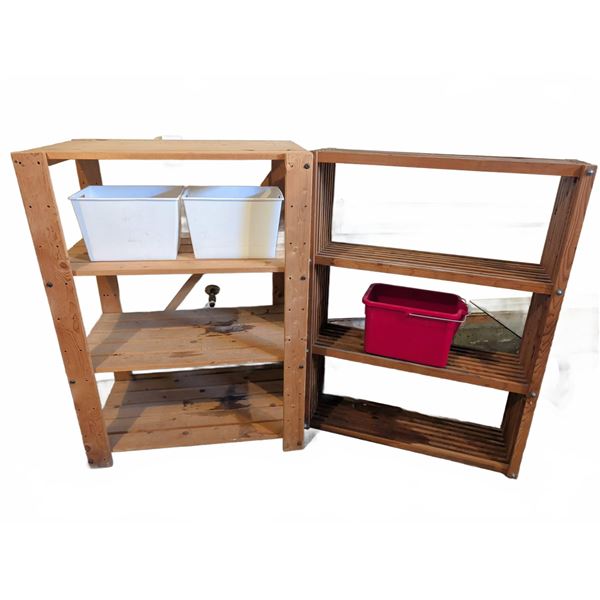 Two Wood Storage Shelves with Bins and Plastic Containers