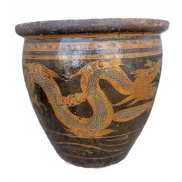 XLarge Glazed Ceramic Garden Pot with Dragon Motif