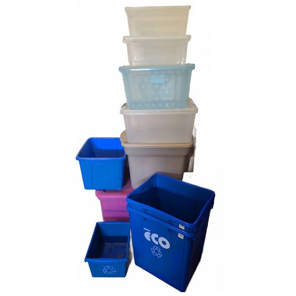 Plastic Storage Bins and Roma Eco Blue Recycling Containers Lot