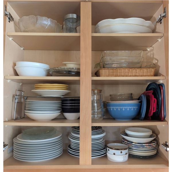 Kitchen Cabinet Dishware Including Plates, Bowls, Bakeware and Glassware