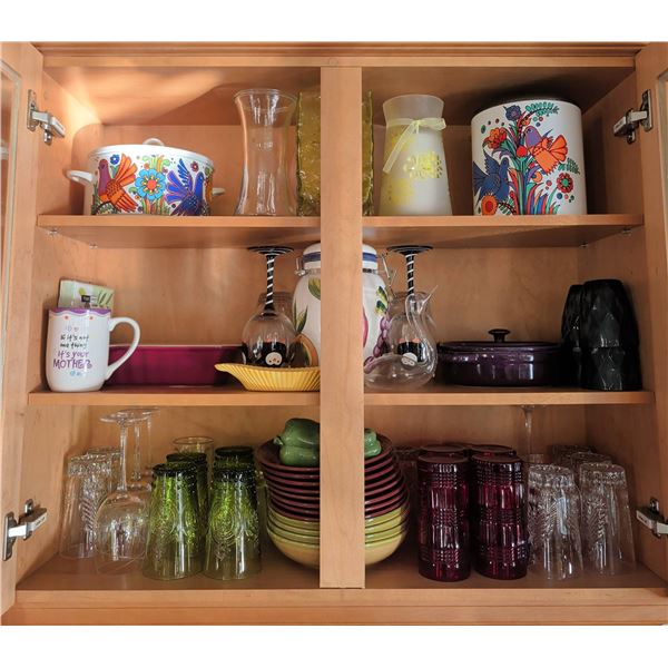 Glassware, Ceramic Canisters, Mugs, Bowls, and Serving Dishes Cabinet Lot