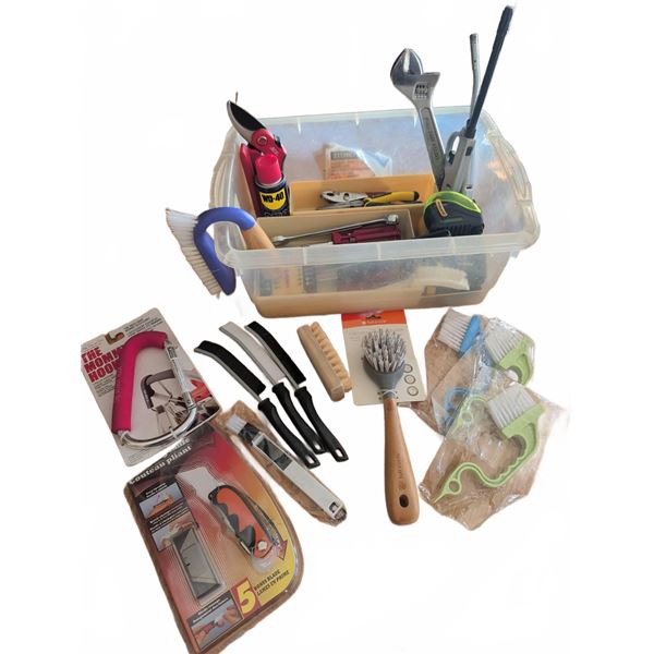 Household Tool Lot with Tool Box, Screwdrivers, Tape Measure, Brushes, Pliers, WD-40