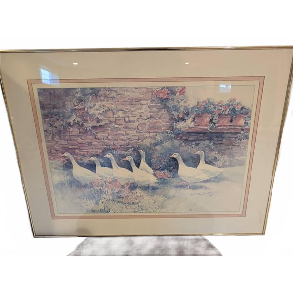 Dana Dapon 1986 Framed Print of Geese Near Brick Wall and Garden