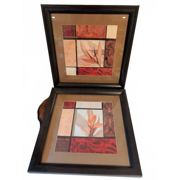 Framed Floral Prints with Brown and Red Matting, 22" x 22" Each