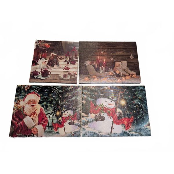 4 Holiday-Themed Stretched Canvas Wall Prints with Santa and Snowman