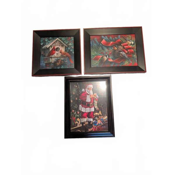 Framed Holiday Prints Lot with Santa Claus and Birds, Set of 3