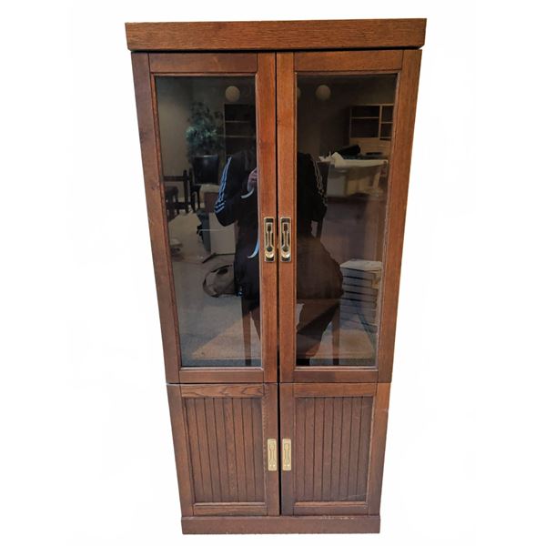 Wood and Glass Two-Door Media Storage Cabinet with Adjustable Shelves