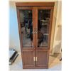 Image 2 : Wood and Glass Two-Door Media Storage Cabinet with Adjustable Shelves