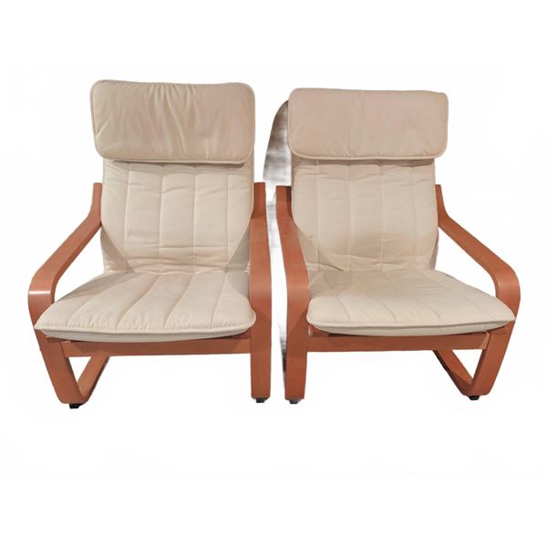 2 Scandinavian Bentwood Lounge Chairs with Beige Cushions