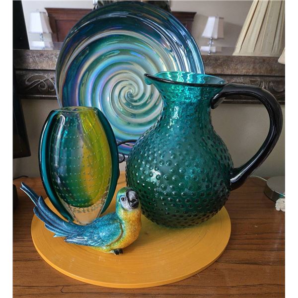 Decorative Glassware Lot: Swirl Platter, Art Glass Vase, Hobnail Pitcher, Parrot Figure