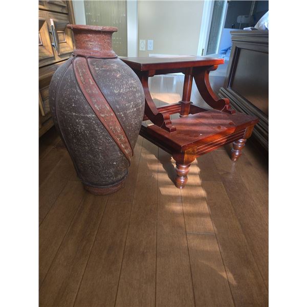 Large Terracotta Pot with Repairs and Wooden Step Stool Set