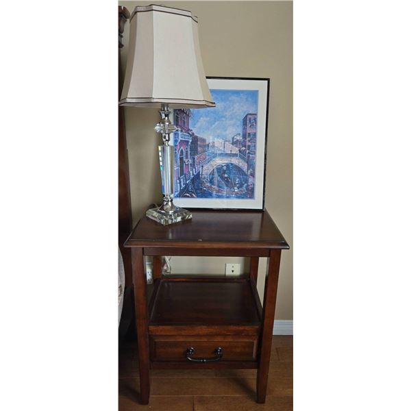 Wood Side Table With Drawer, Framed Venice Print, Clear Glass Lamp Set