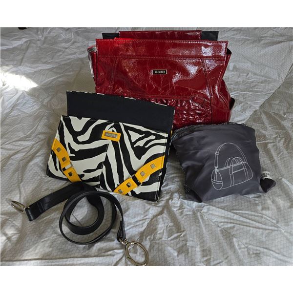Batch of 3 Travel Bags: Red Patent Tote, Zebra Print Clutch, Grey Duffel