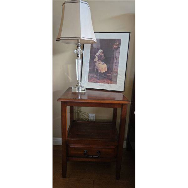 Framed Print 'Drawing Water' Henry Hensche, Wood Nightstand, Crystal Table Lamp