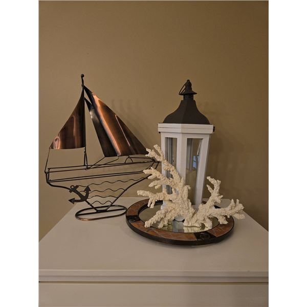 Nautical Decor Lot: Metal Sailboat, Lantern with Candle, Faux Coral, Mosaic Mirror