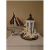 Image 1 : Nautical Decor Lot: Metal Sailboat, Lantern with Candle, Faux Coral, Mosaic Mirror