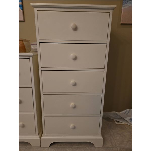 White Five-Drawer Wooden Tallboy Dresser with Round Knobs