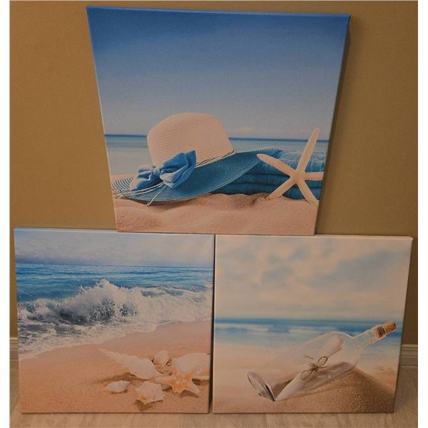3 Beach-Themed Canvas Prints Featuring Ocean, Hat, Starfish, and Message Bottle