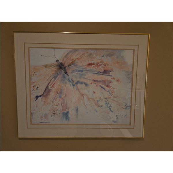 Watercolour Butterfly Art Signed Nancy Hand 1987, Framed, Approximately 36"x24"
