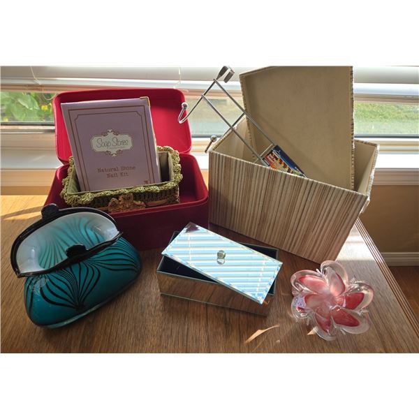 Lot: Soap Sense Nail Kit, Glass Purse, Glass Flower Ornament, Mirror Box, Storage Pieces