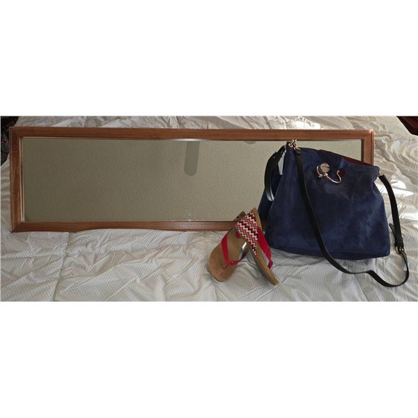 Blue Suede Purse, Red Zigzag Wedge Sandals, and Wood-Framed Wall Mirror Trio