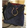 Image 2 : Blue Suede Purse, Red Zigzag Wedge Sandals, and Wood-Framed Wall Mirror Trio