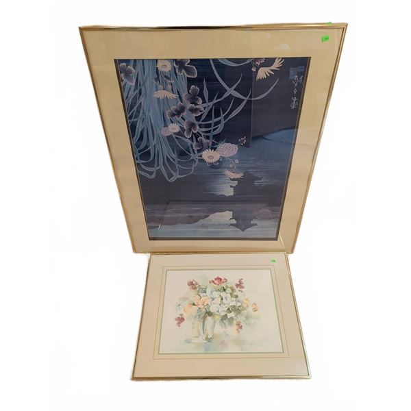 Two Framed Prints: Floral Still Life and Asian-Inspired Botanical Scene