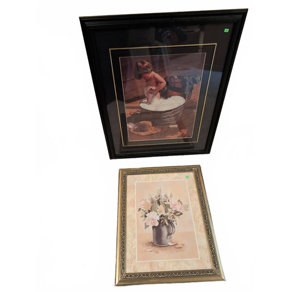 Two Framed Wall Art Prints: Child Bath Scene and Floral Still Life in Mixed Frames
