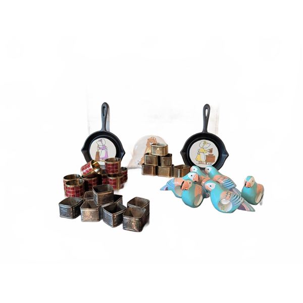 Lot: IKEA LYCHEBY Drawer Front, Parrot Figurines, Napkin Rings, Mini Skillet Trivets