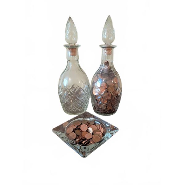 Two Cut Glass Decanters and Glass Dish with Assorted Canadian Pennies