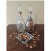 Image 2 : Two Cut Glass Decanters and Glass Dish with Assorted Canadian Pennies