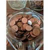 Image 3 : Two Cut Glass Decanters and Glass Dish with Assorted Canadian Pennies