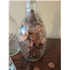 Image 4 : Two Cut Glass Decanters and Glass Dish with Assorted Canadian Pennies