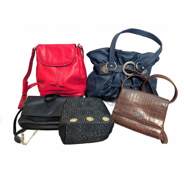 5 Women's Handbags Including Roots, Croc Emboss, Blue And Red Bags