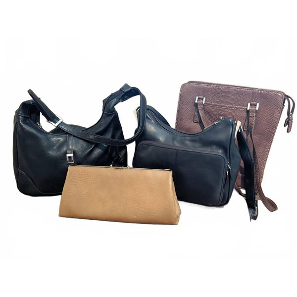 4 Women's Handbags: 2 Black Leather, 1 Taupe Clutch, 1 Brown Faux Croc Shoulder Bag