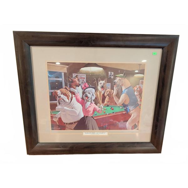 Framed "Scratched at Dawn" Print by Arthur Sarnoff, Dogs Playing Pool