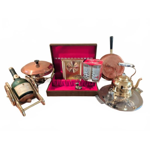 Lot: Napoleon Cognac, Brass Kettle, Copper Cookware, Evg Clock, Holiday Glasses
