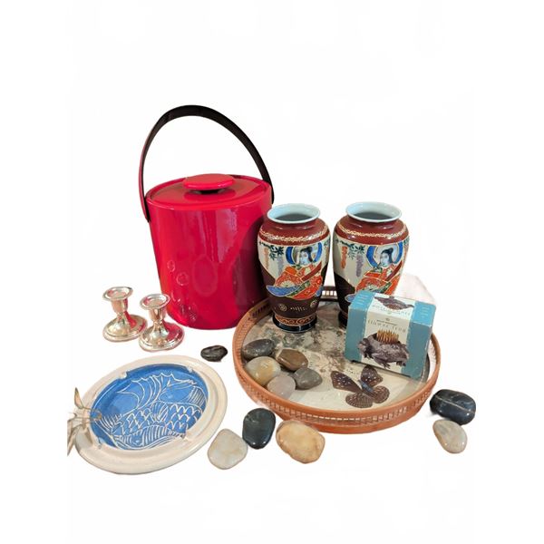Decor Lot: Satsuma-Style Vases, Ice Bucket, Candle Holders, Boston Flower Frog