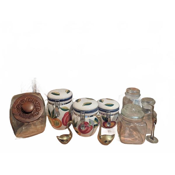 Kitchen Decor: Cookie Jar, Ceramic Canisters, Brass Swans, Wall Art & Glass Jars